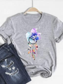 Print T Shirt Short Sleeve Flower Vintage Cute 90s Summer Top Fashion Clothes Women Clothing Gray Basic Tee Graphic T-shirt