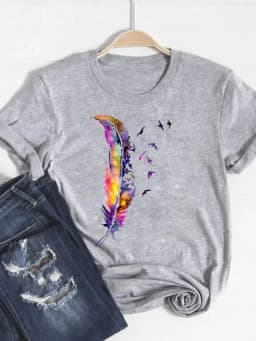 Print T Shirt Short Sleeve Flower Vintage Cute 90s Summer Top Fashion Clothes Women Clothing Gray Basic Tee Graphic T-shirt