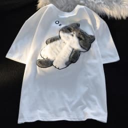 2024 Summer New Cartoon Cat Women's T-shirt Korean Simple Casual Women's Short Sleeve T-shirt Fun Sweet Cute Y2K Tops