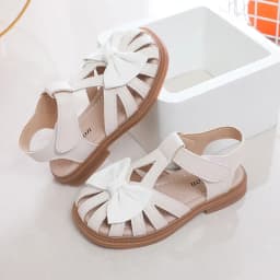 Cute Girls Sandals Bow Peep-toe 2025 New Soft Hook & Loop Beige Kids Princess Shoes Casual Sandals Cute Children Shoes Non-slip