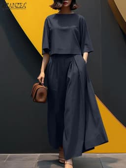 Fashion Summer 3/4 Sleeve Blouse Trousers Suits ZANZEA Stylish Women Wide Leg Pants Sets 2PCS Casual Outifits Work OL Tracksuit