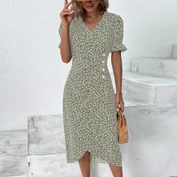 Elegant Floral Pleated H shaped Midi Dress Female V Neck Puff Sleeve Waist Ruched Button Dresses Women Summer Dress Robe