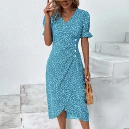 Elegant Floral Pleated H shaped Midi Dress Female V Neck Puff Sleeve Waist Ruched Button Dresses Women Summer Dress Robe