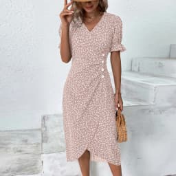 Elegant Floral Pleated H shaped Midi Dress Female V Neck Puff Sleeve Waist Ruched Button Dresses Women Summer Dress Robe