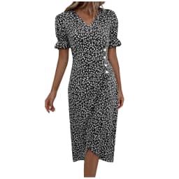 Elegant Floral Pleated H shaped Midi Dress Female V Neck Puff Sleeve Waist Ruched Button Dresses Women Summer Dress Robe