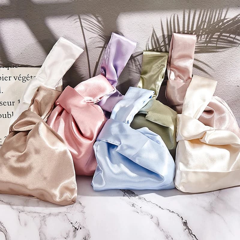 Women Wrist Bag Mini Knot Bag Vintage Silky Japanese Style Tote Bag Girl Key Phone Pouch Student Reusable Folding Shopping Bags
