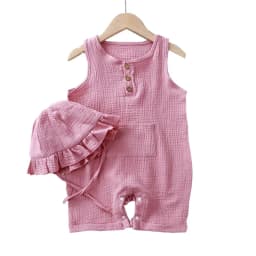 2Pcs/Set Baby Summer Clothing Solid Newborn Infant Romper With Hat Muslin Cotton Sleeveless Baby Boys Girls Jumpsuit Outfits