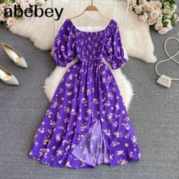 2026 Fashion New Summer Flower Print Long Dress Women Vintage Square Neck Ruched Chest Split Sundress Party Vestidos