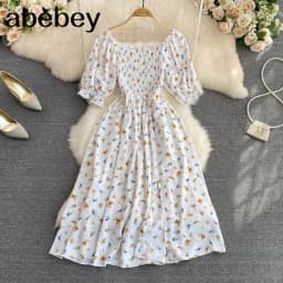 2026 Fashion New Summer Flower Print Long Dress Women Vintage Square Neck Ruched Chest Split Sundress Party Vestidos