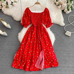2026 Fashion New Summer Flower Print Long Dress Women Vintage Square Neck Ruched Chest Split Sundress Party Vestidos