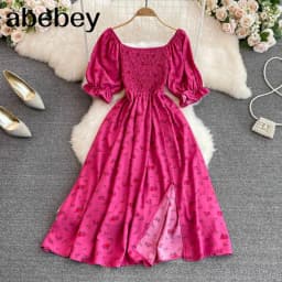 2026 Fashion New Summer Flower Print Long Dress Women Vintage Square Neck Ruched Chest Split Sundress Party Vestidos