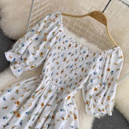 2026 Fashion New Summer Flower Print Long Dress Women Vintage Square Neck Ruched Chest Split Sundress Party Vestidos