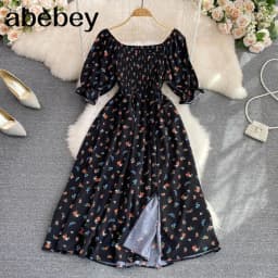 2026 Fashion New Summer Flower Print Long Dress Women Vintage Square Neck Ruched Chest Split Sundress Party Vestidos