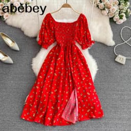 2026 Fashion New Summer Flower Print Long Dress Women Vintage Square Neck Ruched Chest Split Sundress Party Vestidos