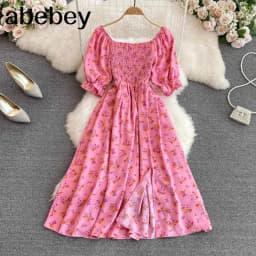 2026 Fashion New Summer Flower Print Long Dress Women Vintage Square Neck Ruched Chest Split Sundress Party Vestidos