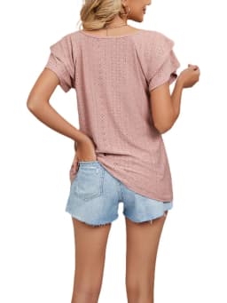 Women V Neck Eyelet Embroidery Blouse Ruffle Short Sleeve Hollow Out Casual Summer Tops