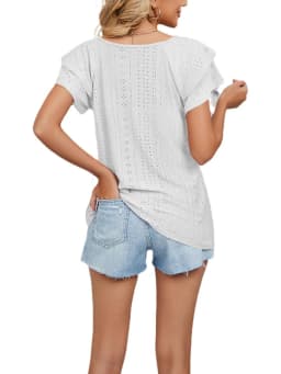 Women V Neck Eyelet Embroidery Blouse Ruffle Short Sleeve Hollow Out Casual Summer Tops