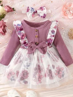 0-2 Year Old Newborn Girl Long sleeved Purple Digital Printed Mesh Bow Headwear Pit Pattern Combed Cotton Dress
