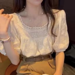 Summer Square Neck Women Blouse Solid Color Chiffon Sweet Loose Puff Short Sleeve Tops Casual Hooked Flower Hollow Apricot Shirt