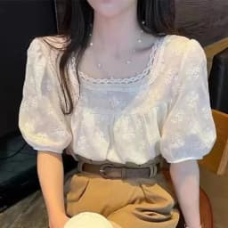 Summer Square Neck Women Blouse Solid Color Chiffon Sweet Loose Puff Short Sleeve Tops Casual Hooked Flower Hollow Apricot Shirt