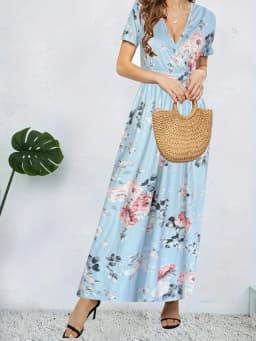 Spring and Summer New Style Fashionable and Elegant Short-Sleeved Wrap Waist V-Neck Women's Dress with Pockets
