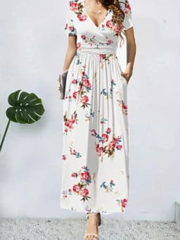 Spring and Summer New Style Fashionable and Elegant Short-Sleeved Wrap Waist V-Neck Women's Dress with Pockets