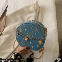 Mini Embroidered Round Bag, Chain Heart Decor Crossbody Bag, Star Moon Pattern Circle Purse Valentine's Day gift