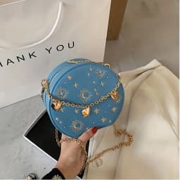 Mini Embroidered Round Bag, Chain Heart Decor Crossbody Bag, Star Moon Pattern Circle Purse Valentine's Day gift