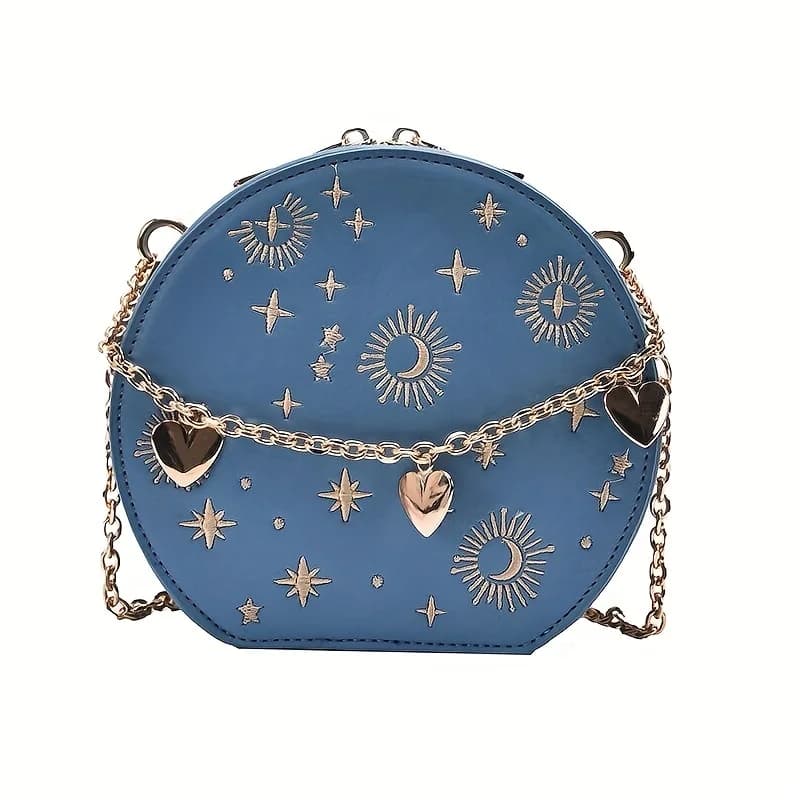 Mini Embroidered Round Bag, Chain Heart Decor Crossbody Bag, Star Moon Pattern Circle Purse Valentine's Day gift