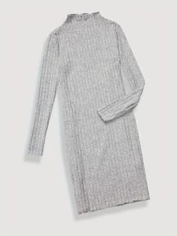 Solid Ribbed Crew Neck Dress Elegant Long Sleeve Bodycon Lettuce Trim Dress Women's Clothing