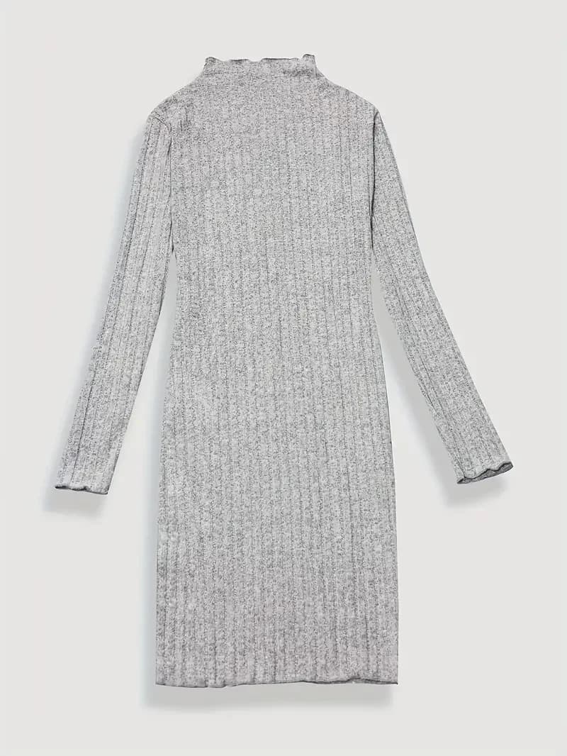 Solid Ribbed Crew Neck Dress Elegant Long Sleeve Bodycon Lettuce Trim Dress Women's Clothing