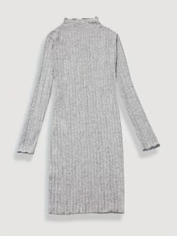 Solid Ribbed Crew Neck Dress Elegant Long Sleeve Bodycon Lettuce Trim Dress Women's Clothing