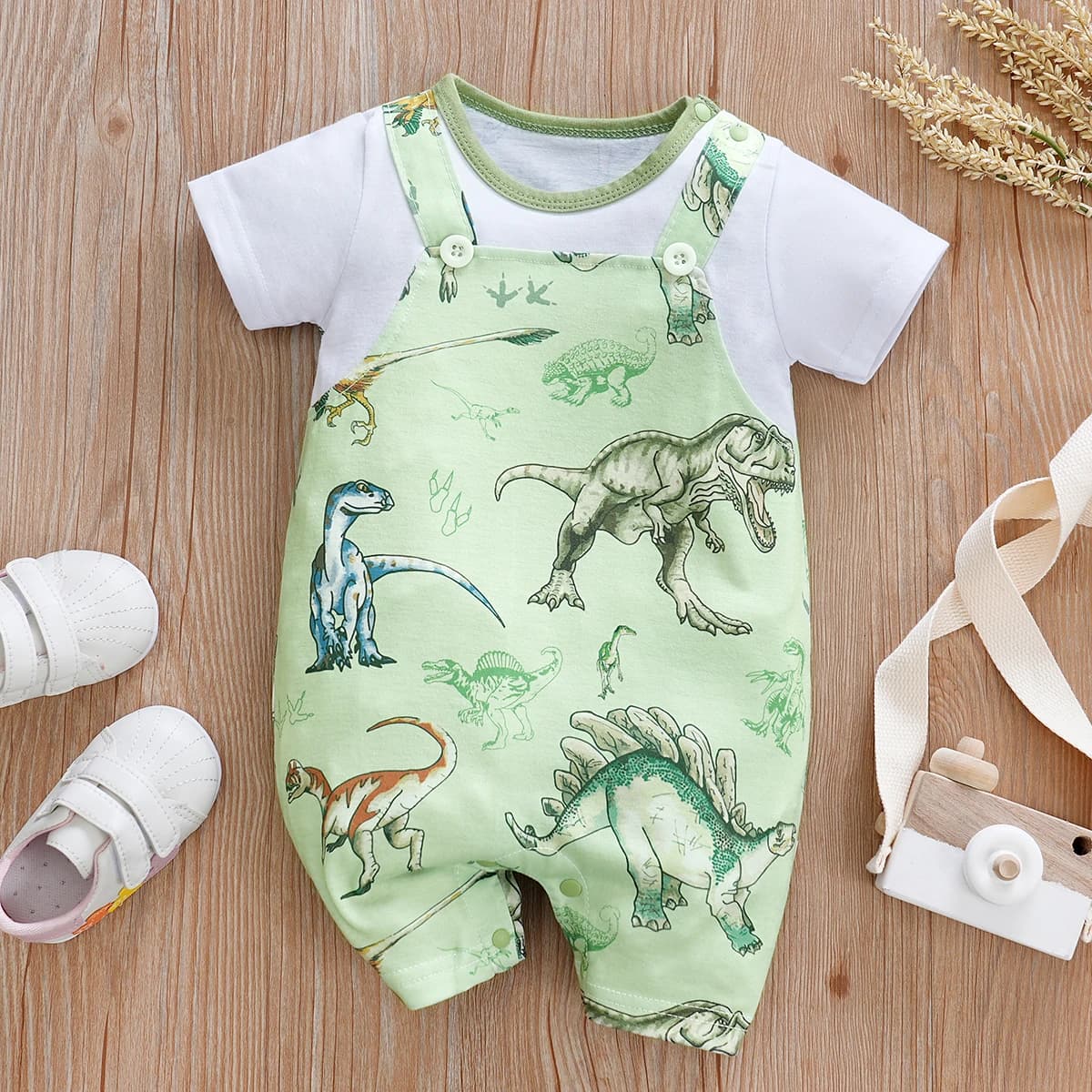 IURNXB Newborn Baby Overall Romper for Boys Infant Short Sleeve Dinosaur Printed One Piece Outfit Summer Bodysuit 0-12M