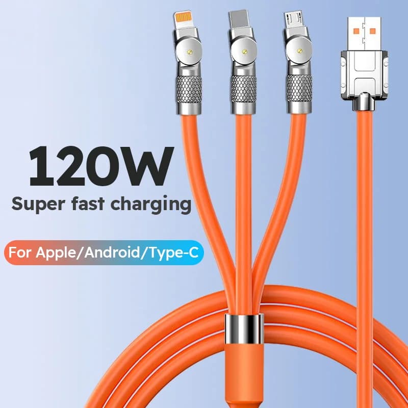 3 in 1 USB Cable 6A 120W USB Cable Fast Charging Data Cord For Iphone Samsung Huawei Xiaomi Multi Port Multiple Charging Wire
