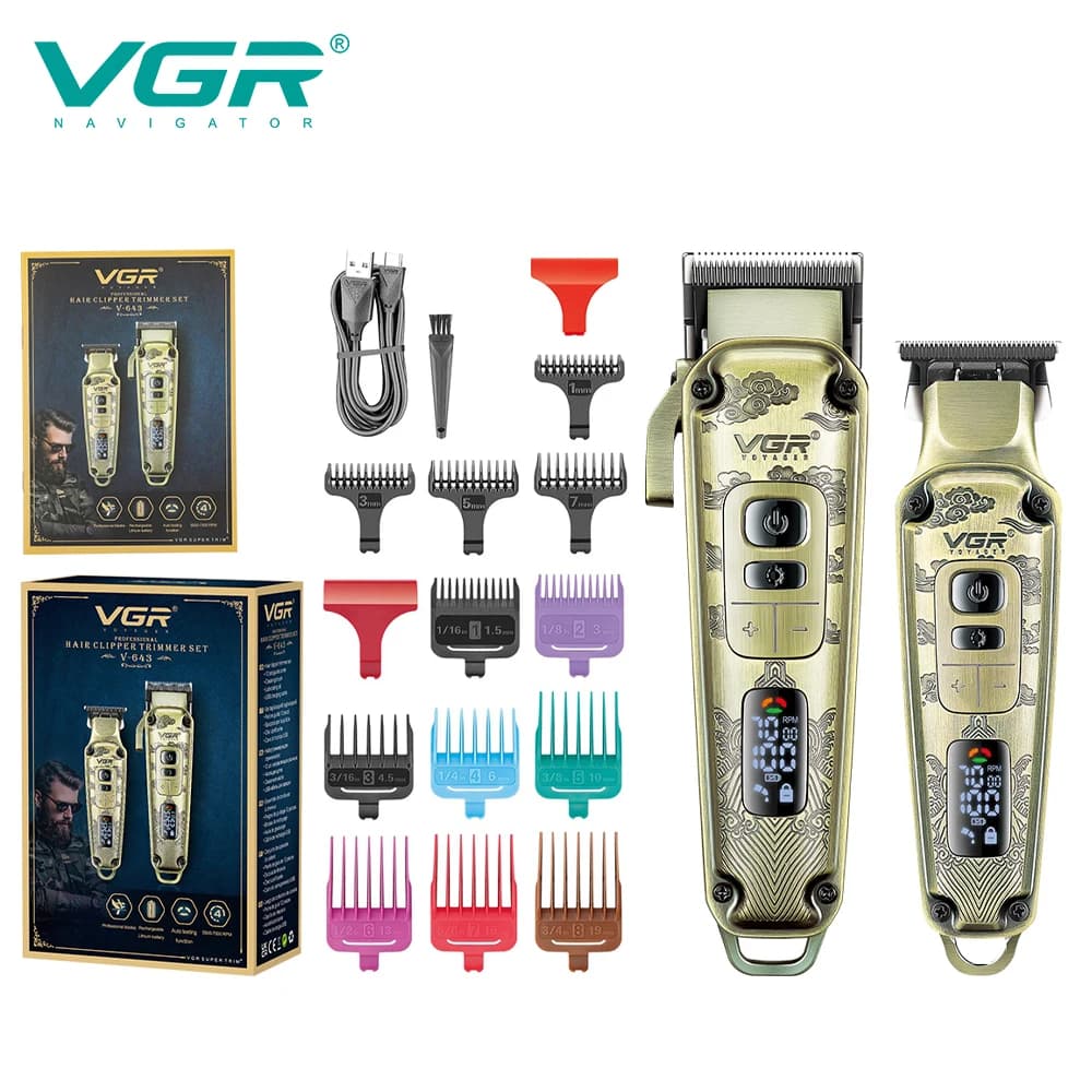 VGR V-643 High-End Men's Hair Clipper with Retro Metal Body, Professional Hair Trimmer with LCD Digital Display and Push Shear