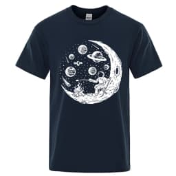 Men's T-shirt High Quality Cotton Blend Funny Astronaut Moon Barbecue Print Casual Loose Cool Men O-neck T-shirt Tee Tops