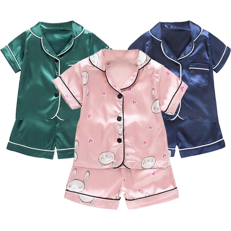 New Children's pajamas 0-5-year-old baby cartoon short sleeved pajama set with ice silk comfortable solid color home clothing