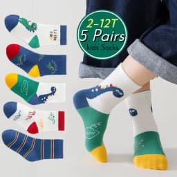 LDino 5 Pairs Boys Socks Autumn Cotton Socks Baby Dino Socks Child 1-14T Kids Cartoon Cars Pattern Sport Sock