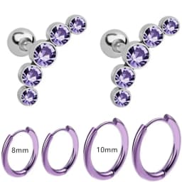 EVISPOL 6Pcs Fashion Stainless Steel Colorful Crystal Tragus Stud Earrings Set Helix Cartilage Huggie Hoops Ear Piercing Jewelry