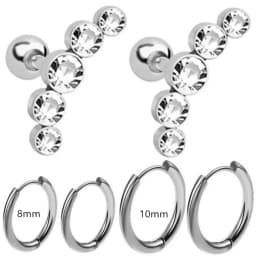 EVISPOL 6Pcs Fashion Stainless Steel Colorful Crystal Tragus Stud Earrings Set Helix Cartilage Huggie Hoops Ear Piercing Jewelry