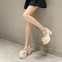 Summer and Autumn Fashion New Solid Color Bowknot Popular Thick-soled Buckle Round Toe High-heeled Shoes for Women