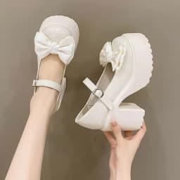 Summer and Autumn Fashion New Solid Color Bowknot Popular Thick-soled Buckle Round Toe High-heeled Shoes for Women