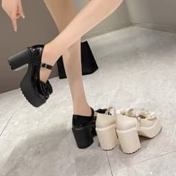 Summer and Autumn Fashion New Solid Color Bowknot Popular Thick-soled Buckle Round Toe High-heeled Shoes for Women