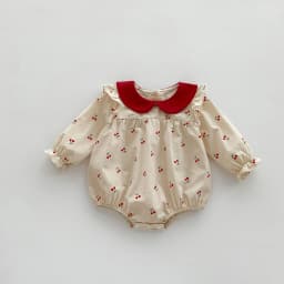 2026 Autumn Cherry Printed Girls Bodysuit Sweet Peter Pan Collar Long Sleeves Princess Romper Daily Wear Toddler Clothing