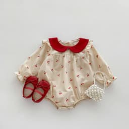 2026 Autumn Cherry Printed Girls Bodysuit Sweet Peter Pan Collar Long Sleeves Princess Romper Daily Wear Toddler Clothing