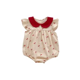 2026 Autumn Cherry Printed Girls Bodysuit Sweet Peter Pan Collar Long Sleeves Princess Romper Daily Wear Toddler Clothing