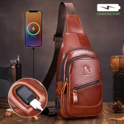 Cowhide chest bag for men's casual men's crossbody bag USB top layer cowhide front shoulder bag