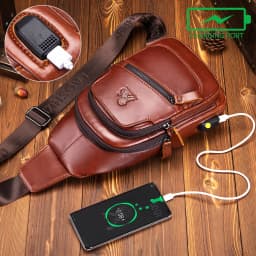Cowhide chest bag for men's casual men's crossbody bag USB top layer cowhide front shoulder bag