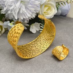 Vintage Hollow 18K Gold Plated Jewelry Set for Women Luxury Copper Bracelet Ring African Bridal Wedding Party Accessories Gifts