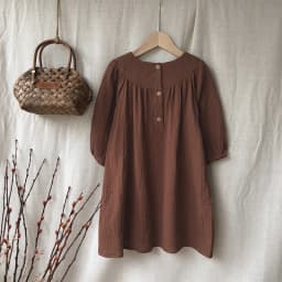 French Round Neck Pleated Cotton Crepe Muslin Dress Girls 2026 Autumn New Casual Loose Retro Brown Children's Dresses